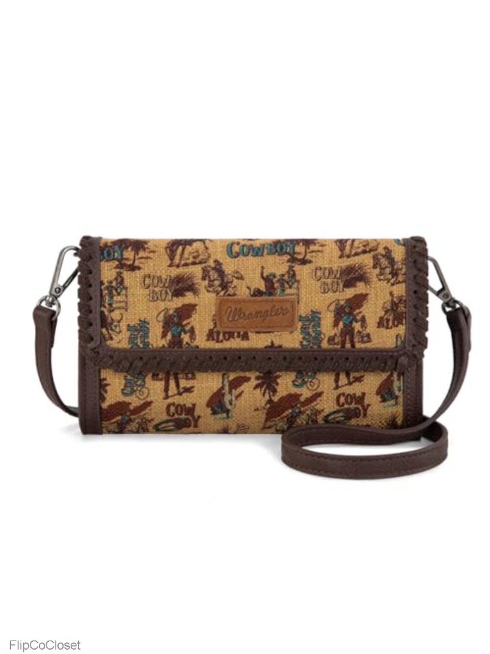 Wrangler Cowboy Print Canvas Cotton Vegan Leather Crossbody Wristlet